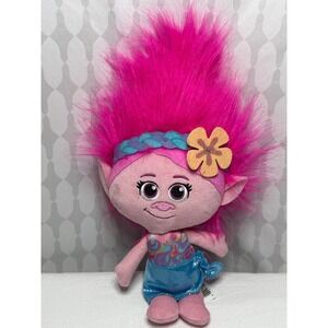DreamWorks Trolls Poppy Plush Toy Pink Hair Flower Headband Blue Skirt‎
